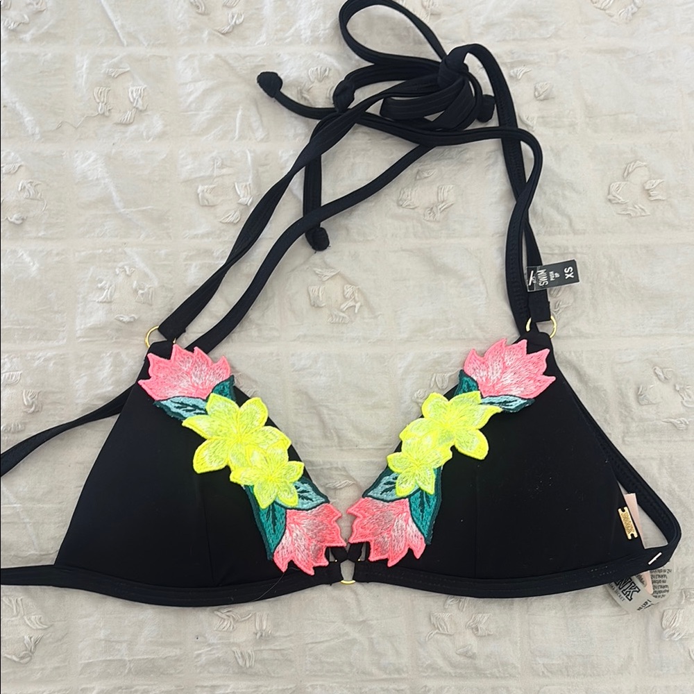 Black Bikini Top with Floral Accents